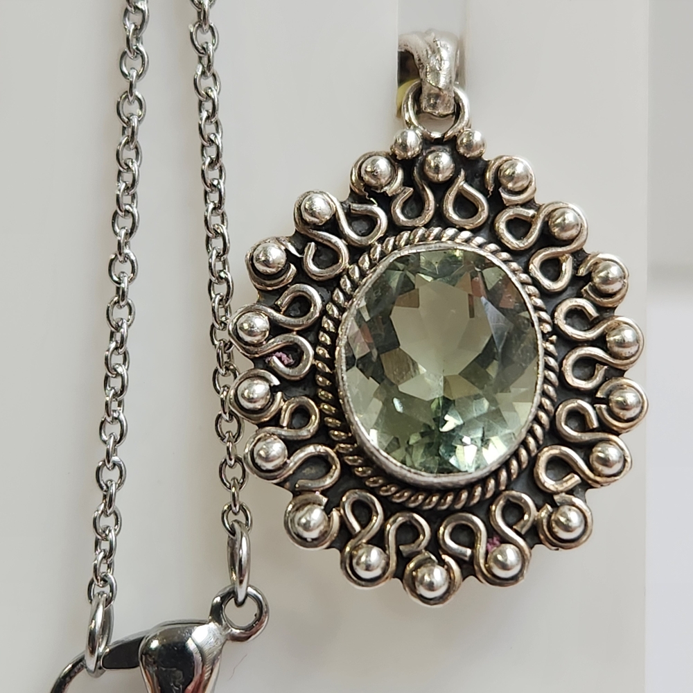 NWT 6ct 925 NATURAL Green Amethyst (Prasiolite) Pendant Necklace 18"
